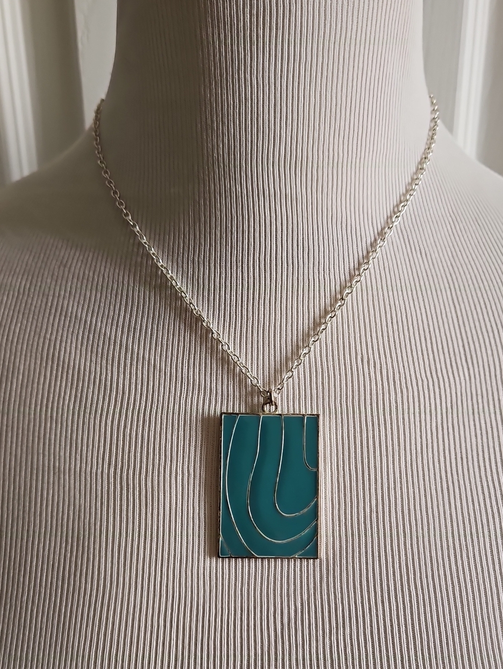 2 Necklace Set - Teal/Brown Enamel Rectangular Pendant Silver Tone